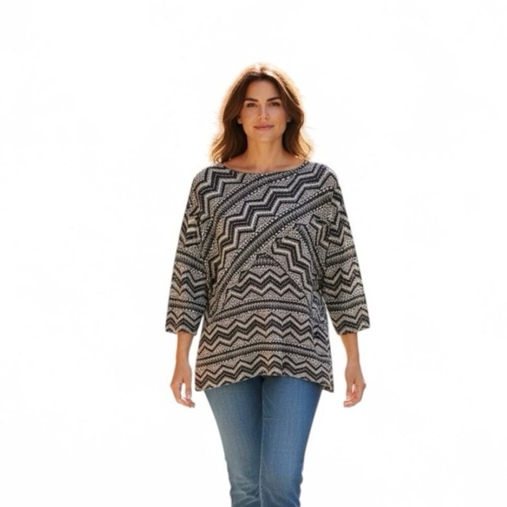 Kim Rogers Navy White Geometric Print Top 1X 100% Cotton Short Sleeve